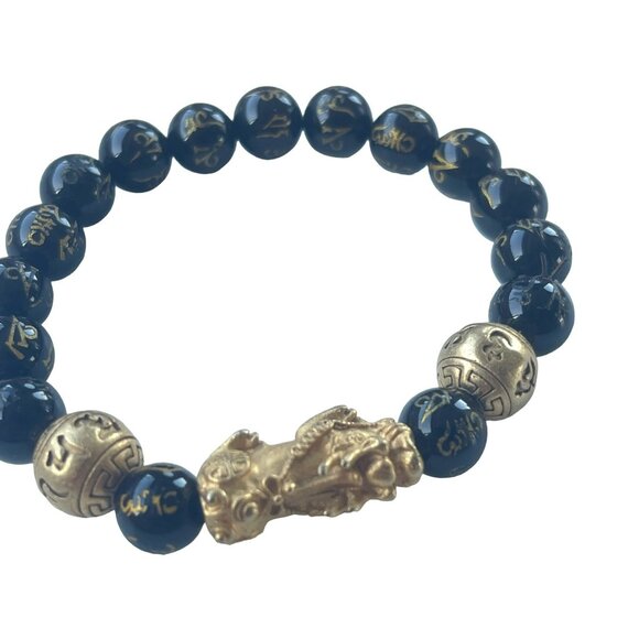 Feng Shui Black Obsidian Bead Bracelet with Gold Pixiu Charm for Protection and - Picture 2 of 6